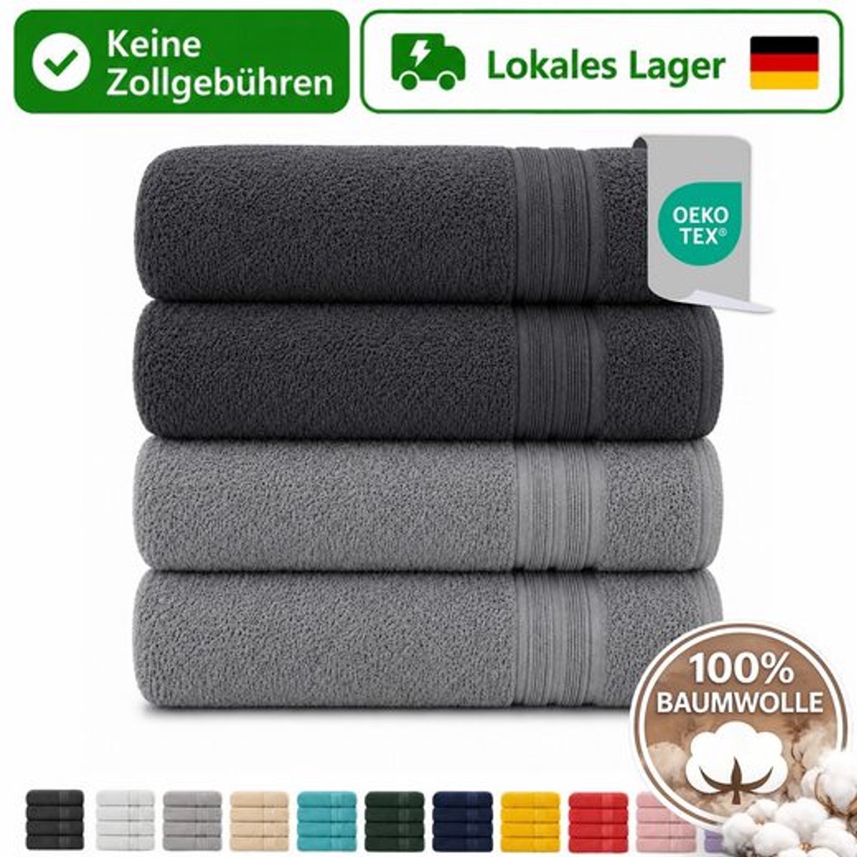 Komfortec Set van 4 Badhanddoek 100x200 cm van 100% Katoen, XXL Saunahanddoek, Grote Douchehanddoek, Zacht & Absorberend, Antraciet&Grijs