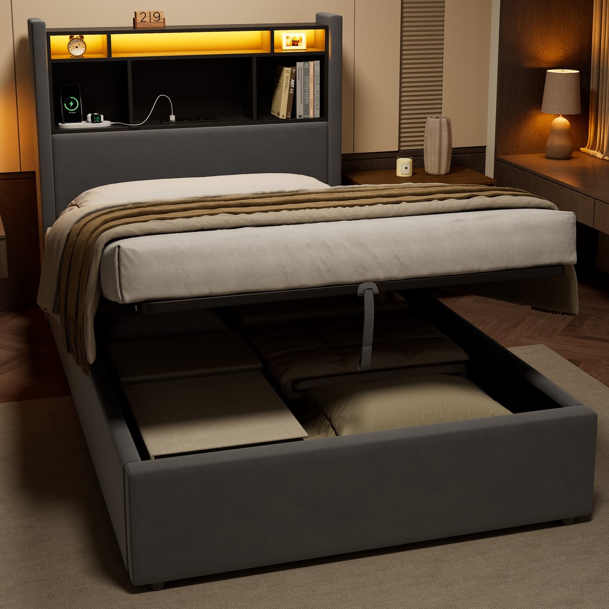 REDOM Opbergbed 90 x 200 cm – Hydraulische opbergruimte met LED-verlichting en laadstation – Compact bed voor de slaapkamer – Velvet – Donkergrijs