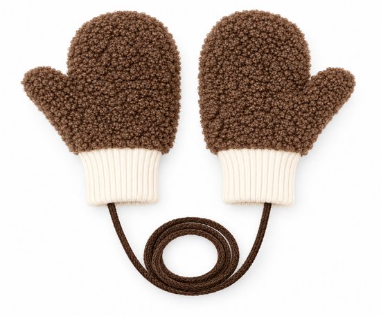 Bruine teddywanten met crème gebreide manchetten en een bruin verbindingskoord.