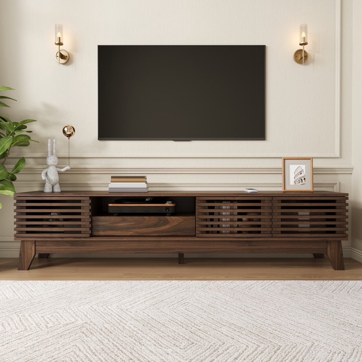 KOMHTOM TV-lowboard, tv-tafel, tv-kast, tv-meubel, multimediakast met 3 deuren, lade en open vakken, gegroefde voorkant, MDF, modern tv-meubel voor de woonkamer Walnoot
