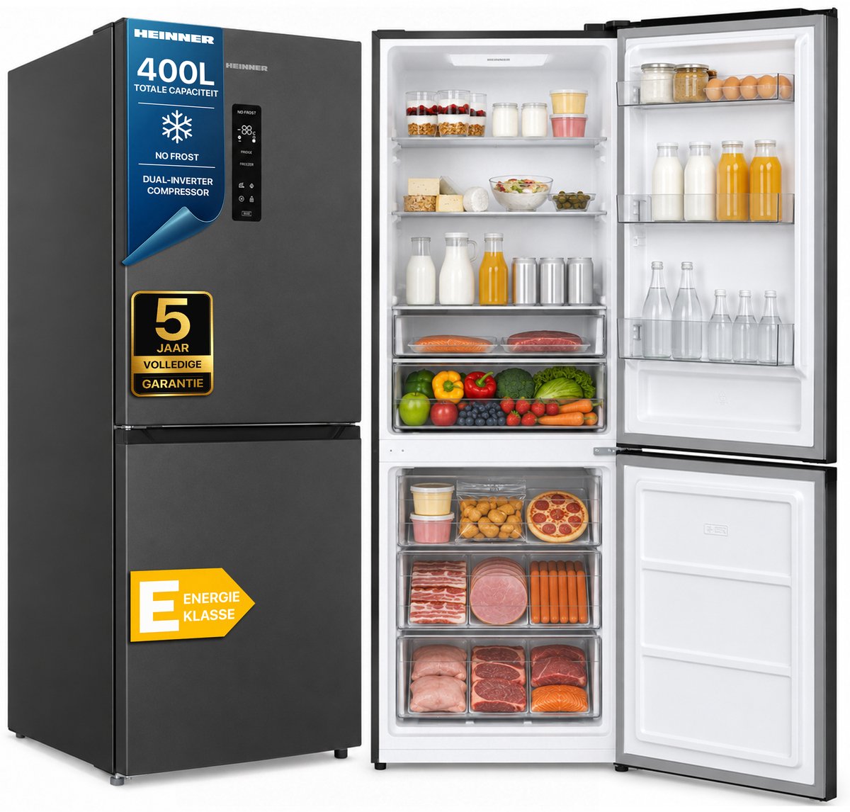 Heinner HCNF-HM400DINVDGE++ Koel-vriescombinatie – 400 L – No Frost – Dual Inverter – Touchbediening met LED-display – Super Freeze – Holiday-funergiectie – Open-deur Alarm – Kinderslot – Antracietgrijs – 5 Jaar Garantie