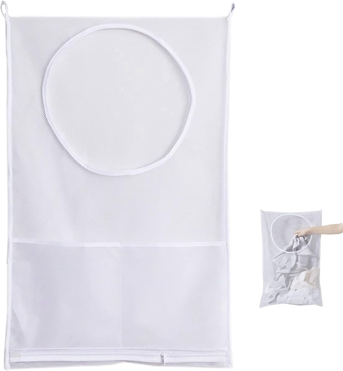 Hanging Laundry Basket voor het ophangen van wasgoed, praktische waszak voor slaapkamer en badkamer, wit en ruimtebesparend