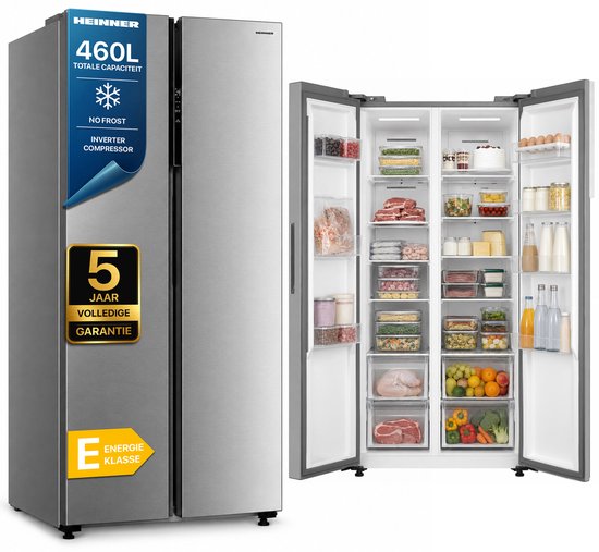 Heinner HSBS-M460NFINVXE++ American Side-by-Side Koelkast – 460 L – Total No Frost – Inverter Compressor – Energieklasse E – Touchbediening – Super Cooling – Super Freeze – Open-de…