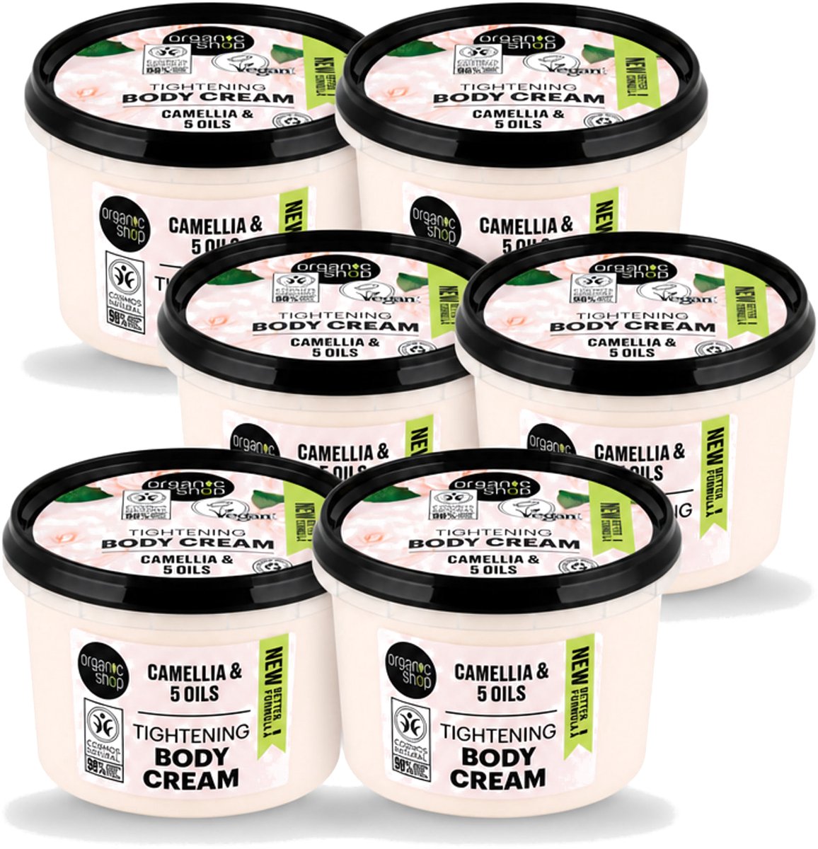 6 x Organic Shop - Organic Camellia & 5 Oils Body Cream - Verzachtend en Hydraterend - 250 ml - Voordeelverpakking - 6 stuks