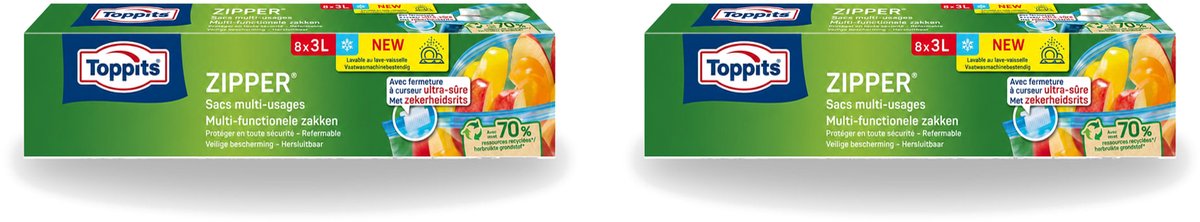 2 x Toppits – Zipper Multifunctionele Zakken – 3 Liter – 8 Zakjes - Voordeelverpakking - 2 stuks