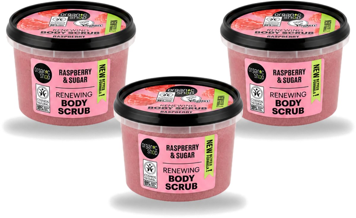 3 x Organic Shop - Organic Raspberry & Sugar Body Scrub - Verfrissend en Peeling - 250 ml - Voordeelverpakking - 3 stuks