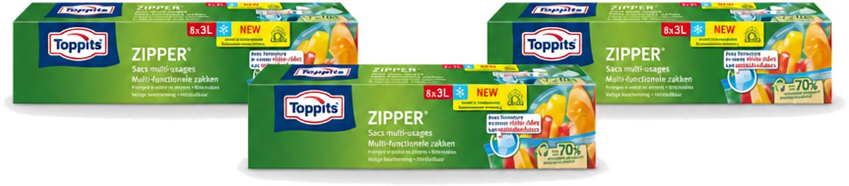 3 x Toppits – Zipper Multifunctionele Zakken – 3 Liter – 8 Zakjes - Voordeelverpakking - 3 stuks