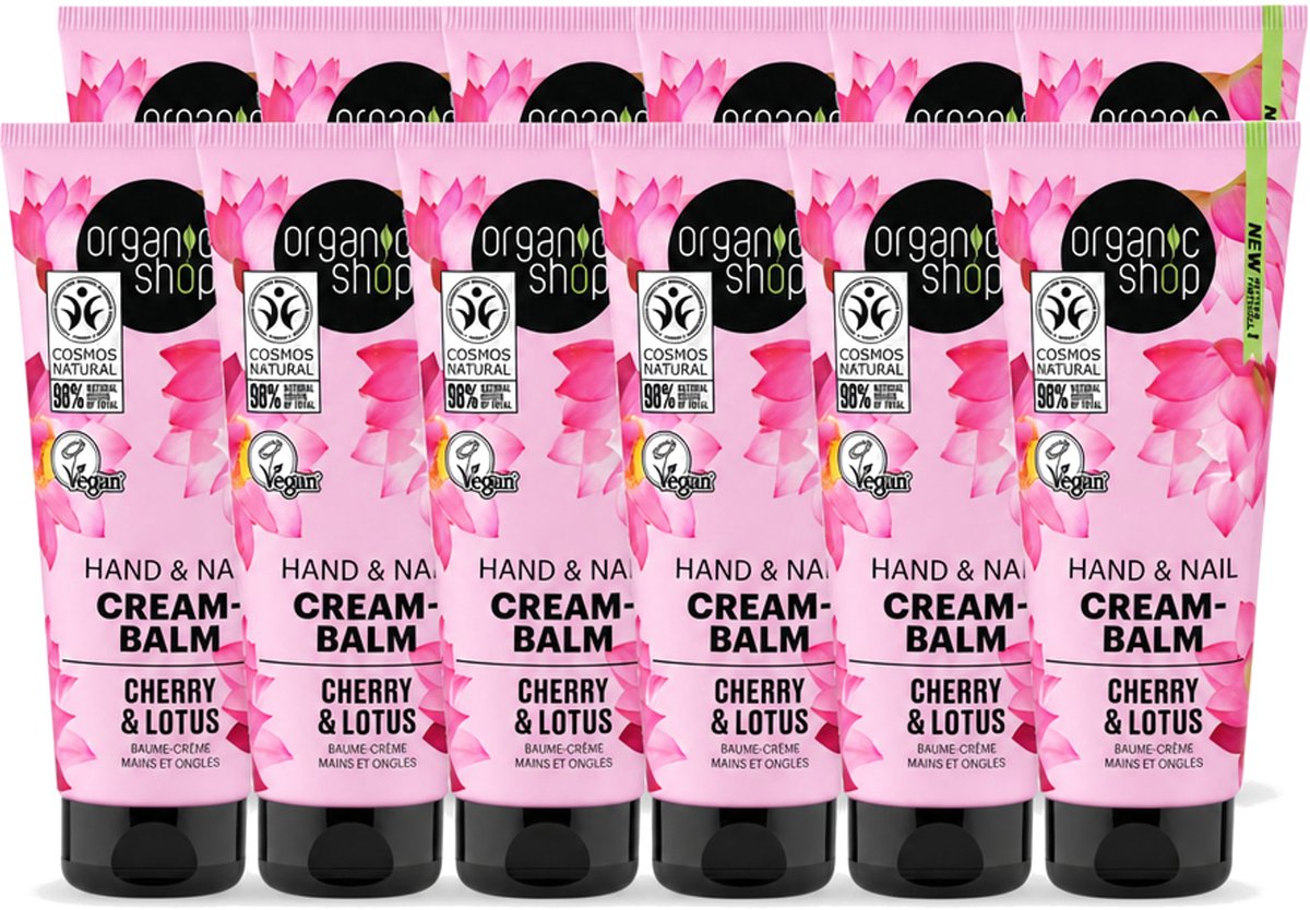 12 x Organic Shop - Hand & Nail Cream - Cherry & Lotus - Verzorgend en Hydraterend - 75 ml - Voordeelverpakking - 12 stuks