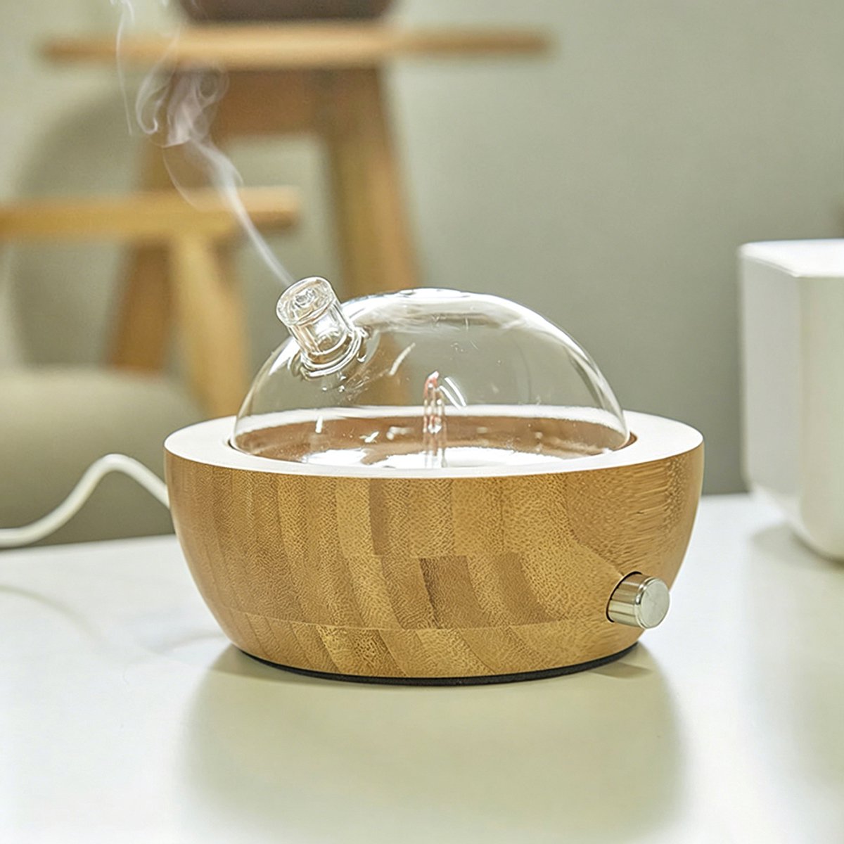 Aromadiffuser - Aromabevochtiger - Houten diffuser - Diffuser voor etherische oliën - Diffuser voor thuis - Stil - Gemaakt van glas en bamboe - Met LED-verlichting - Cadeau — cadeau in Wonen & Interieur - foto 7
