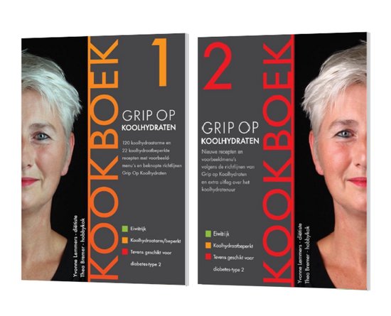 Twee kookboeken, genaamd 'Grip Op Koolhydraten', met op de voorgrond de gezichten van twee vrouwen en op de achtergrond de titels.