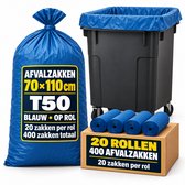 Afvalzakken T50 – Grote Vuilniszakken 70 x 110 cm – 20 Rollen x 20 Stuks – 400 Afvalzakken – Grootverpakking voor Horeca en Bedrijven – Blauw