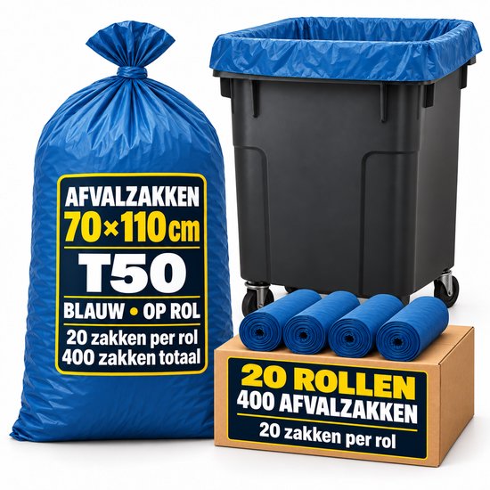 Grootverpakking met 20 rollen blauwe T50 afvalzakken, 70x110 cm, totaal 400 stuks met volle afvalbak.