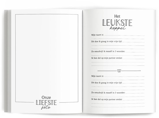Open invulboek voor koppels met titel 'Het LEUKSTE koppel' en ruimte voor namen en persoonlijke omschrijvingen.