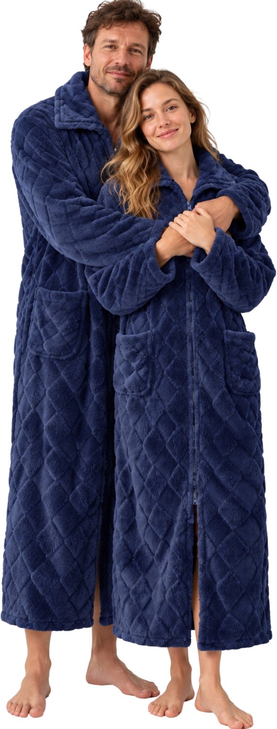 Badrock Badjas met Rits Dames & Heren - Extra Lang Fleece Ruitreliëf - Blauw