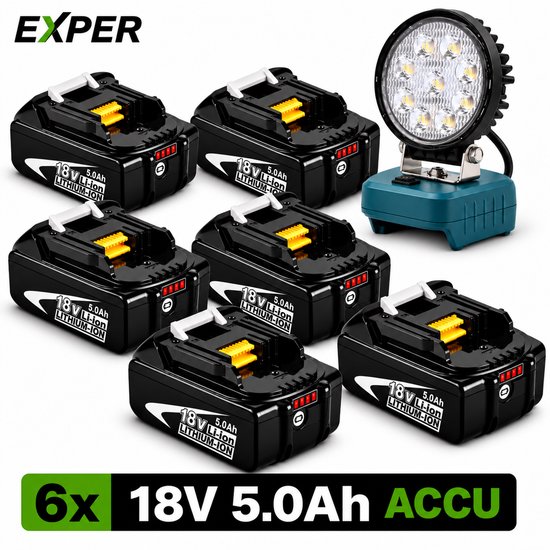 Set van 6 zwarte 18V 5.0Ah accu's en een draagbare LED-bouwlamp.