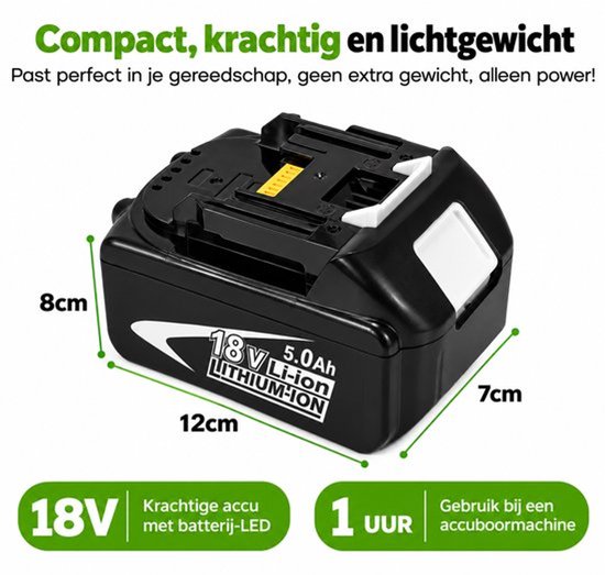 Zwarte 18V 5.0Ah Li-ion accu, compact ontwerp met afmetingen van 12x8x7cm.