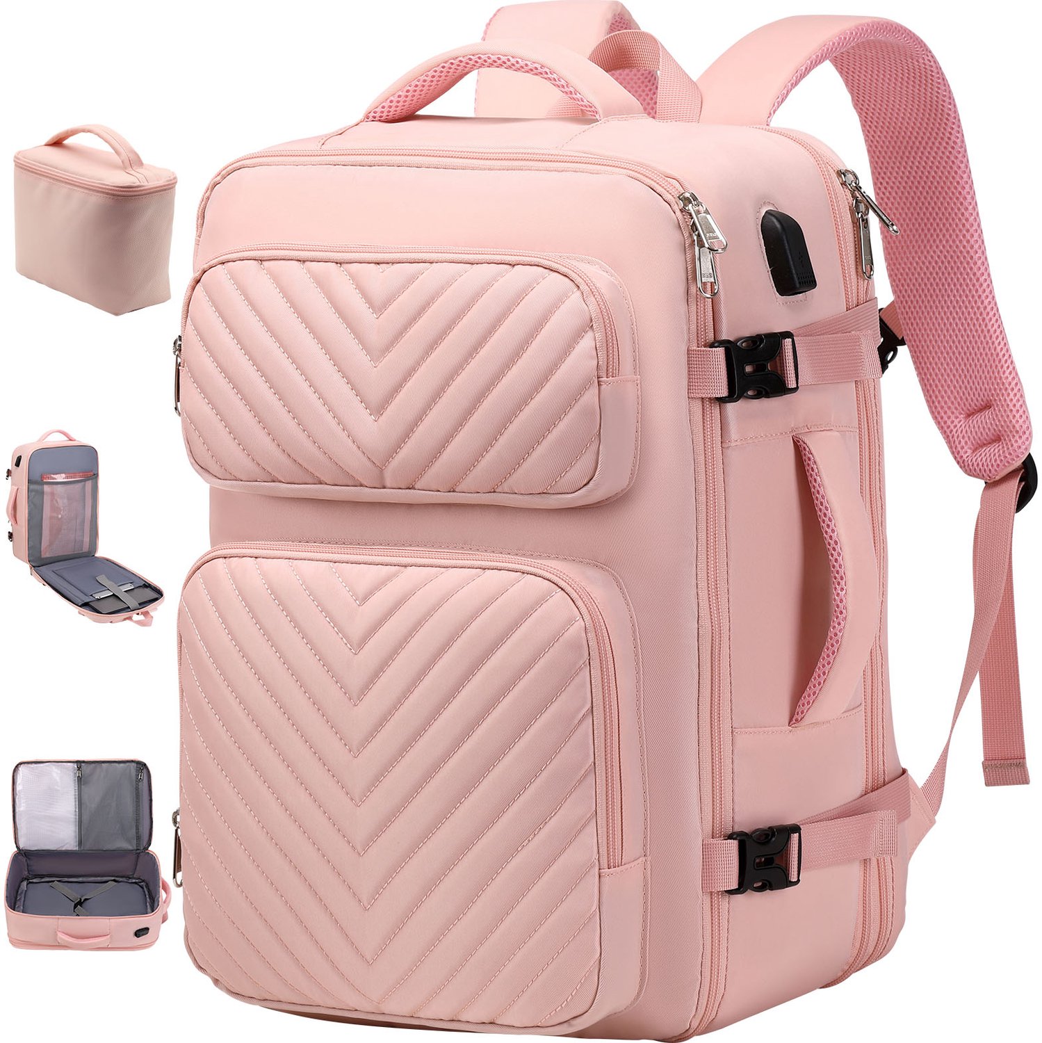 Handbagage 40x30x20 cm Reistas – met ​​klein make-uptasje - Uitbreidbaar Reisrugzak 45L- Underseater Rugzak - Weekendtas - dagrugzak – Roze