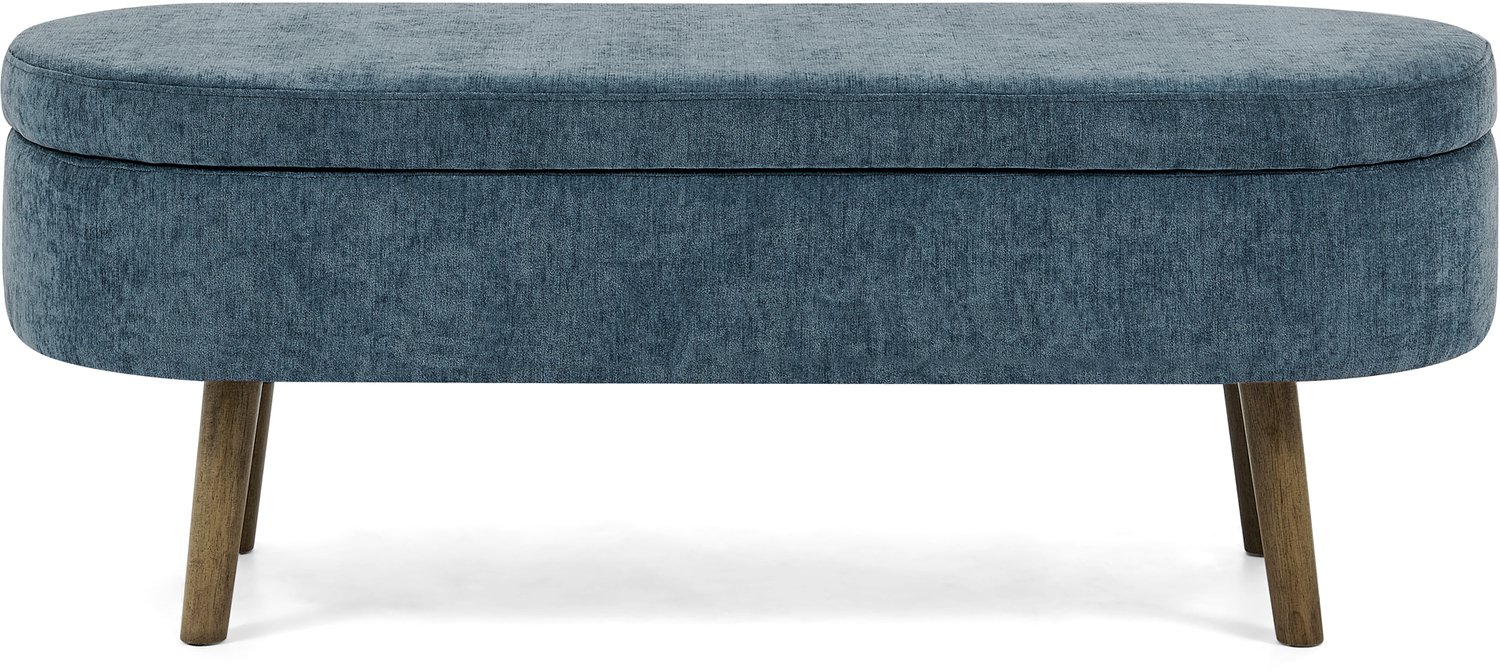 MUVANO Opbergbank voor de hal - Ovale zitbank - Chenille bekleding - Massief houten poten - 110 x 40 x 42 cm - 20 liter opbergruimte - Slaapkamer blauw