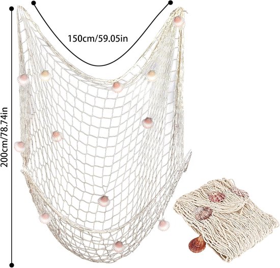 Decoratief visnet met schelpen 150 x 200 cm, natuurlijk decoratienet in mediterrane stijl, decoratie voor huis, huwelijk, feesten en fotografie — afbeelding 5