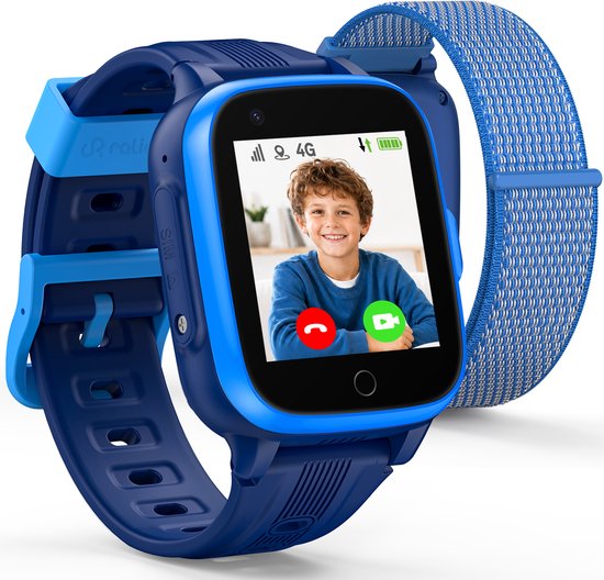 Blauw 4G-smartwatch voor kinderen met touchscreen en een verwisselbare blauwe stoffen band.