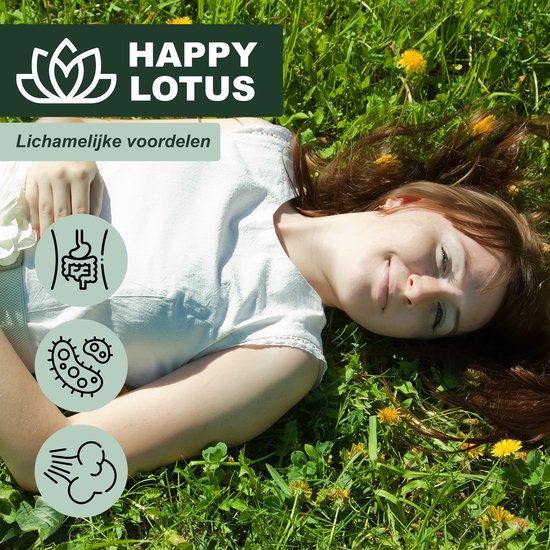 Vrouw ligt in gras met Happy Lotus-logo en iconen voor fysieke voordelen (spijsvertering, bacteriën, gas).