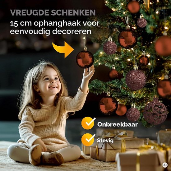 Kind hangt een onbreekbare koperen kerstbal op. Tekst: Vreugde schenken, onbreekbaar, stevig.