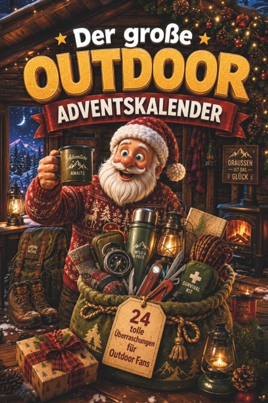 Kerstman in een blokhut met een outdoor adventskalender vol uitrusting en de tekst '24 geweldige verrassingen'.