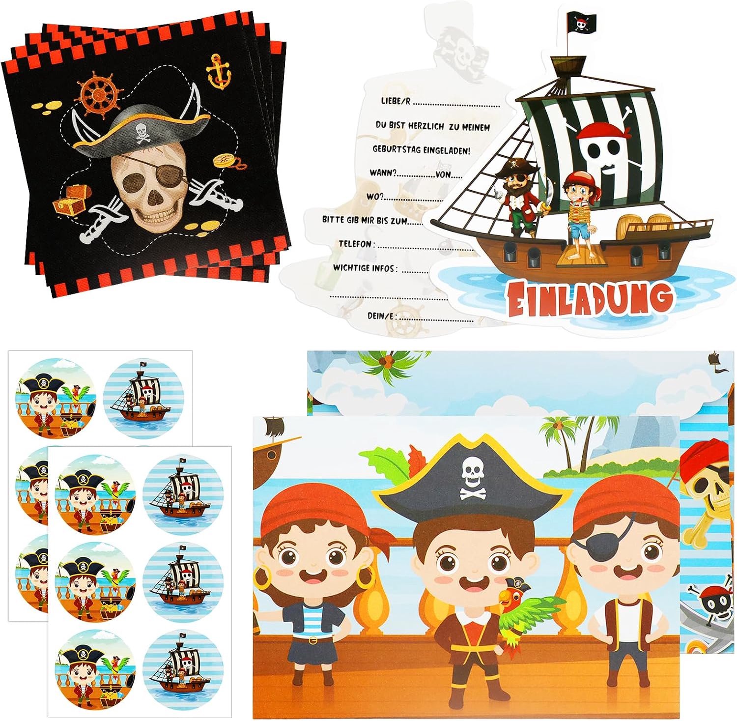 12x Piraten-uitnodigingskaarten, Piratenfeest kinderfeest