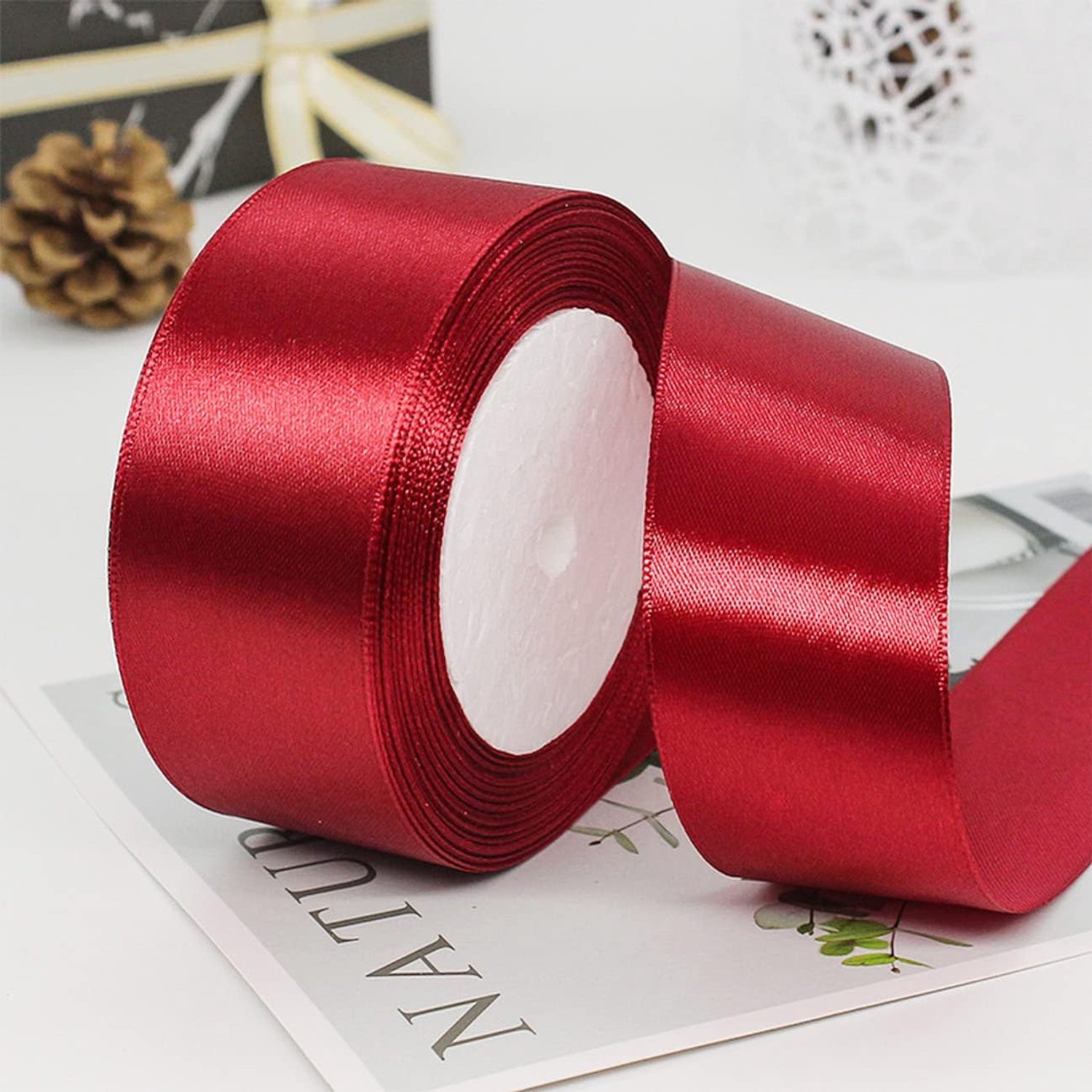 22 meter x 38 mm donkerrood satijnband, 2 rollen wijnrood bruine lint, decoratielint, cadeau lint, breed, stoffen band