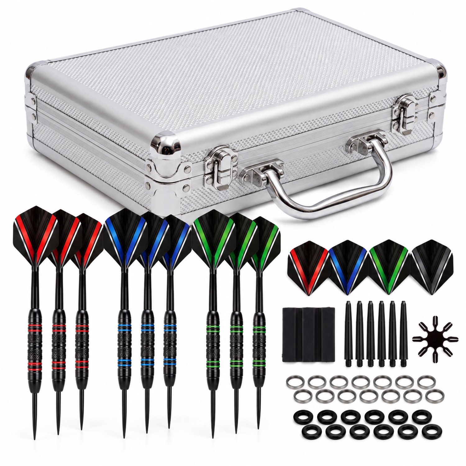 XQmax Dartset - 135-delig - 9 Darts met Stalen Punten - Inclusief Flights, Accessoires en Aluminium Koffer