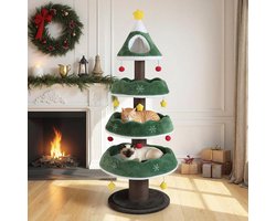 COSTWAY Kerst krabpaal 180 cm Kerstmis - Kattenkrabpaal met vier verdiepingen - 1 Hol, en 11 Speelballen - Kattenmeubel kerstboomversiering