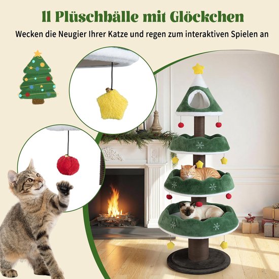 Kerstboom-krabpaal met 11 pluche ballen en 2 katten in een gezellige woonkamer.