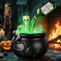 Zwarte heksenketel met groene mist en skelet, naast een zwevende groene fles met het etiket 'Unfiltered Poison'.