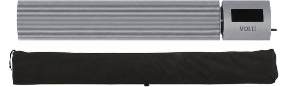 Zilverkleurige VOLT! terrasverwarmer met zwart display en bijbehorende zwarte beschermhoes.
