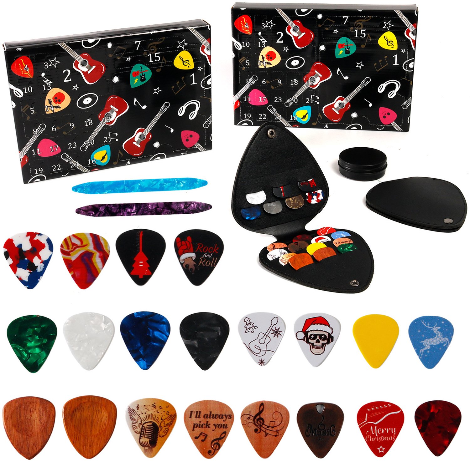 adventkalender 2026 - 24 dagen aftelkalender - kalender- kalender 2026 - aftelkalender kerst- Kerst Countdown- blind boxes - gitaar accessoires - gitaar plectrum - gitaar plectrum set