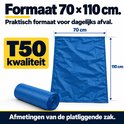 Blauwe afvalzak op rol, 70x110 cm, T50 kwaliteit, geschikt voor dagelijks gebruik.