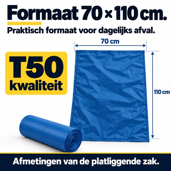 Blauwe afvalzak op rol, 70x110 cm, T50 kwaliteit, geschikt voor dagelijks gebruik.