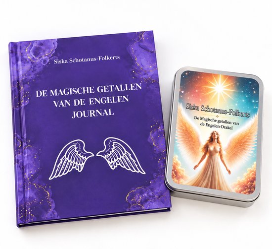 Paars dagboek met engelvleugels naast een metalen blik met een engel en de titel 'De Magische getallen van de Engelen Orakel'.