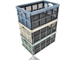 Vouwkrat 3 Stuks – 32 Liter – Boodschappenkrat Opvouwbaar – Opvouwbare Kratten – Inklapbare Opbergkrat – Kunststof Stapelbare Kratten – Assorti Crème, Groen & Blauw – voor Auto en Opslag