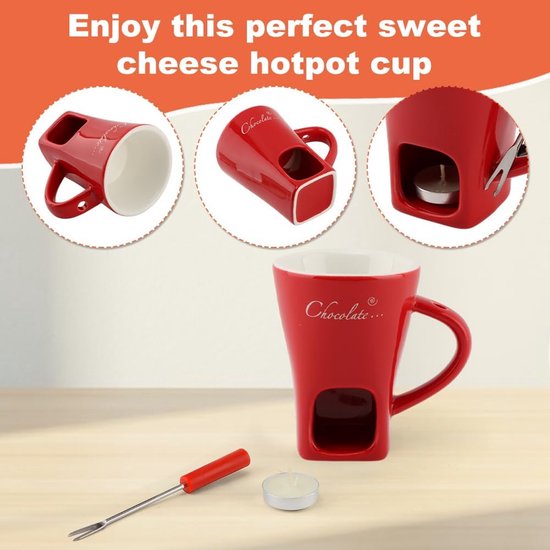 Chocolade Fondue Set - Keramische Chocolade Fondue Mok - Perfect Smelten & Warmhouden - Mini Chocoladefondue met Vorkjes - Inclusief Vork - Compact 130ml - Voor Dessert Fruit Kaas - Mini Fondue Beker Chocoladepot - Rode — cadeau in Kookcadeaus - foto 7