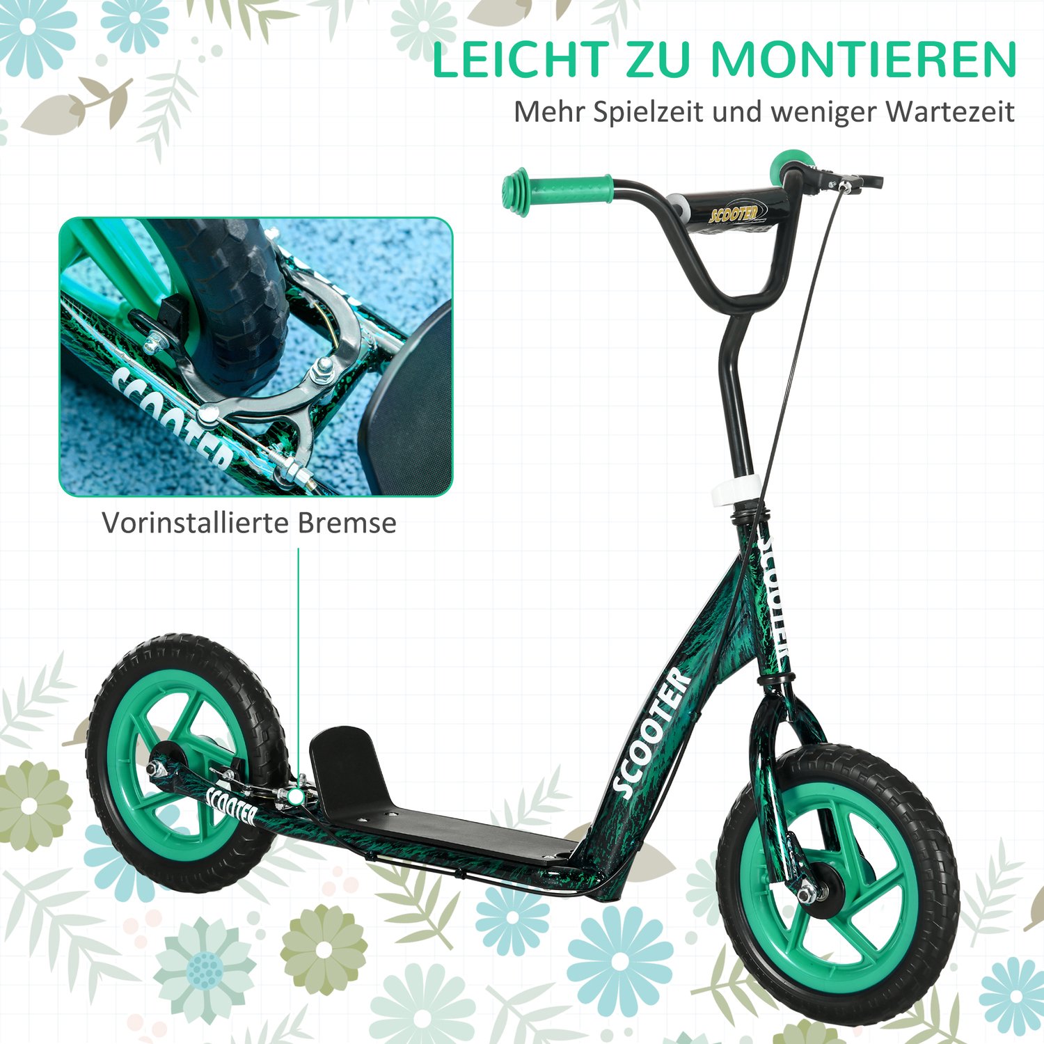 Playon Kinderstep - Met in hoogte verstelbaar stuur - Met achterrem en standaard - Met lekvrije wielen van 30 cm - 118 x 52 x 80-88 cm - Groen