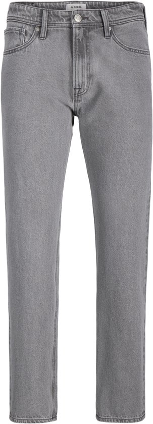 Grijze jeans met vijf zakken en label "JJ REBEL" in de tailleband.