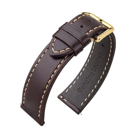 Donkerbruine lederen horlogeband met een gouden gesp en beige stiksels, gemarkeerd met 'Genuine Leather'.