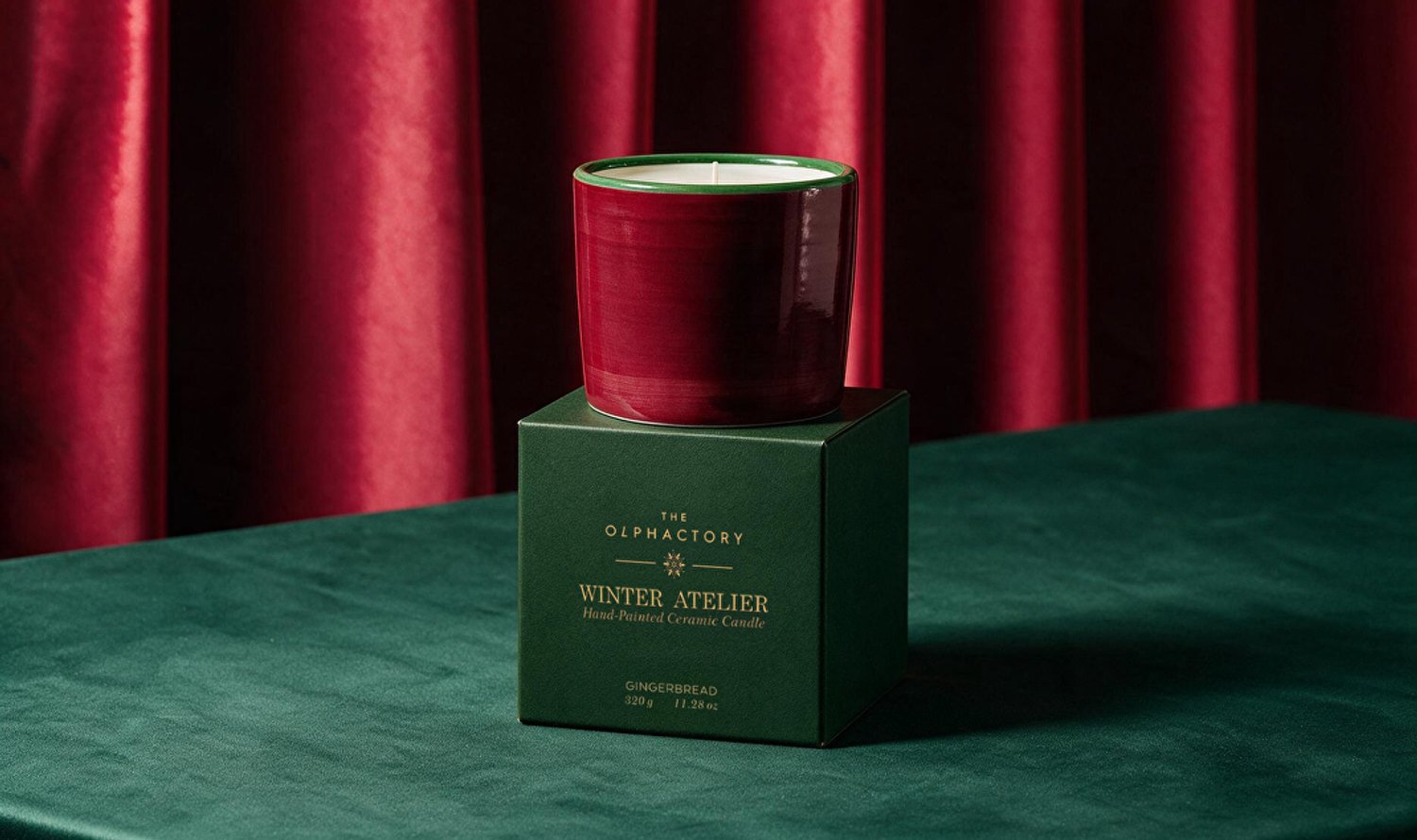 The Olphactory cented Candle Full Color Winter Atelier Gingerbread geurkaars 320gr rood