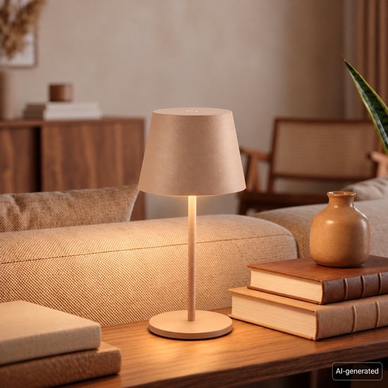 Beigekleurde, oplaadbare tafellamp met slanke voet en kegelvormige kap die warm wit licht verspreidt.
