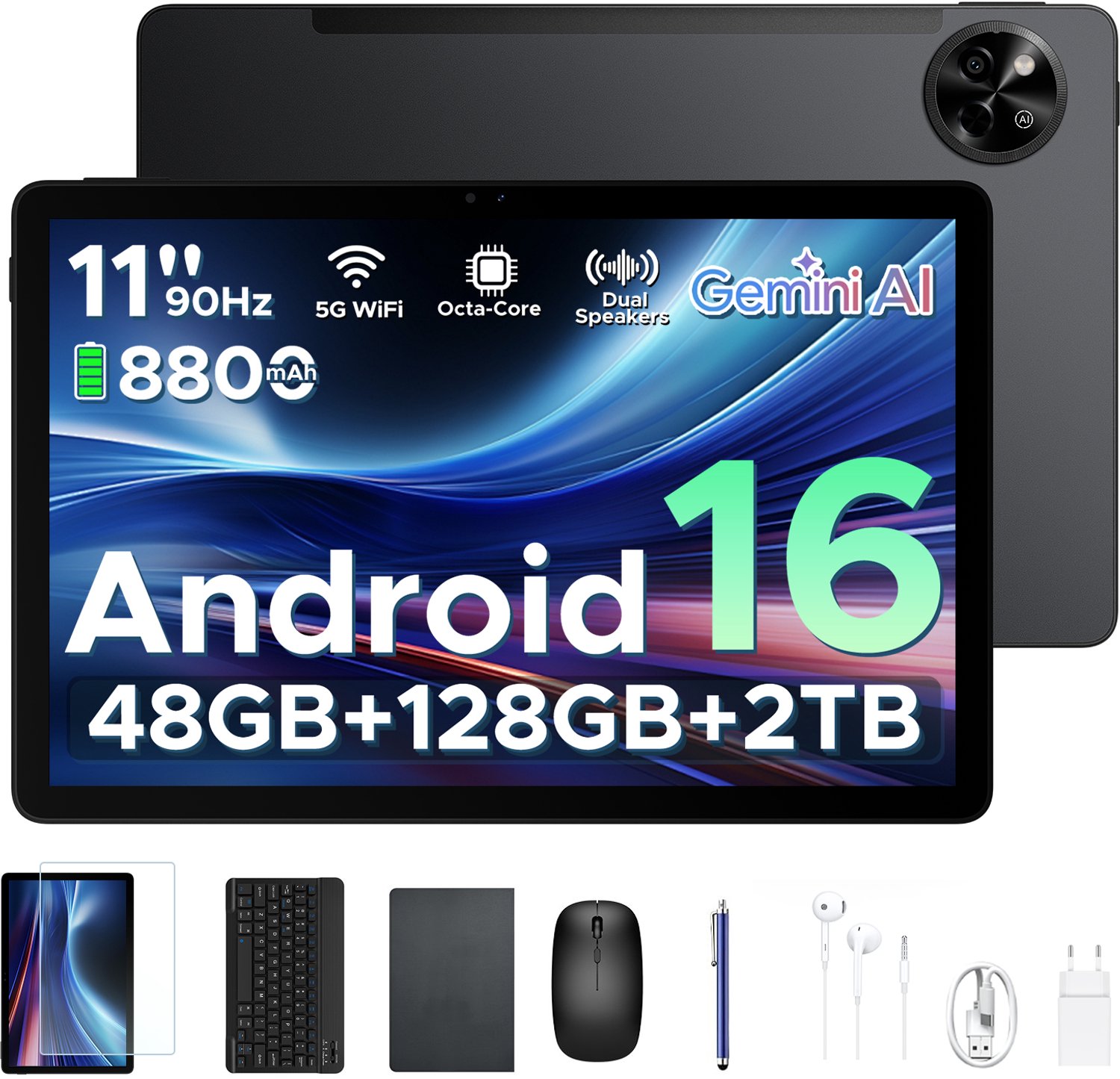 Aorlym P11 - Tablet - 48GB RAM+128GB ROM/TF 2TB - Android 16 - 11 inch tablet 90Hz - T7250 - 8800mAh - 13MP+5MP - Gemini AI - Widevine L1 - Face ID - 5G WIFI - Dubbele luidsprekers - Pen, toetsenbord, muis - Zwart