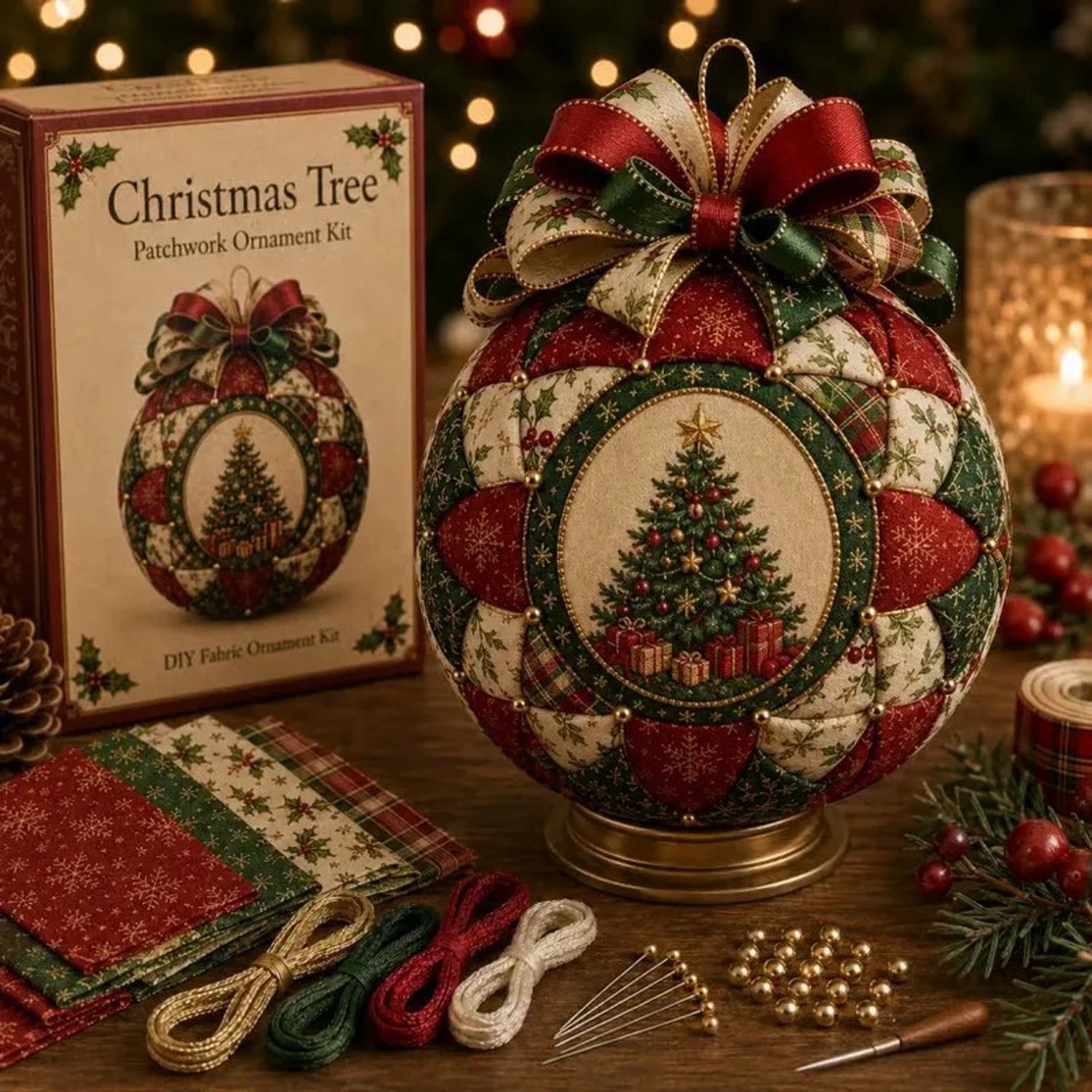 Doe-het-zelfpakket Geschikt Voor stoffen kerstversiering - Kerstornament van stof - Doe-het-zelf kerstknutsels - DIY Patchwork Set - Kerstkrans -DIY Kerstbal Knutselset - 17cm - Handgemaakte kerst patchwork bal - kerstboom – foto 3
