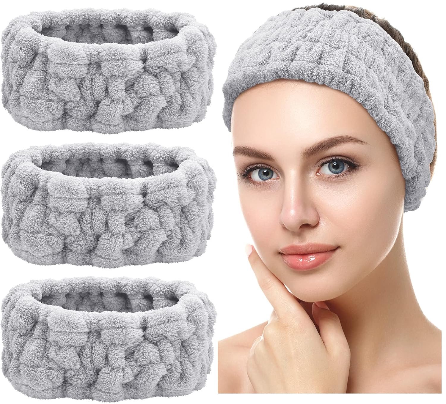 3-delige haarbandenset voor dames – zachte badstof haarbanden voor gezichtsverzorging, make-up, gezichtsmaskers en douchen (grijs)