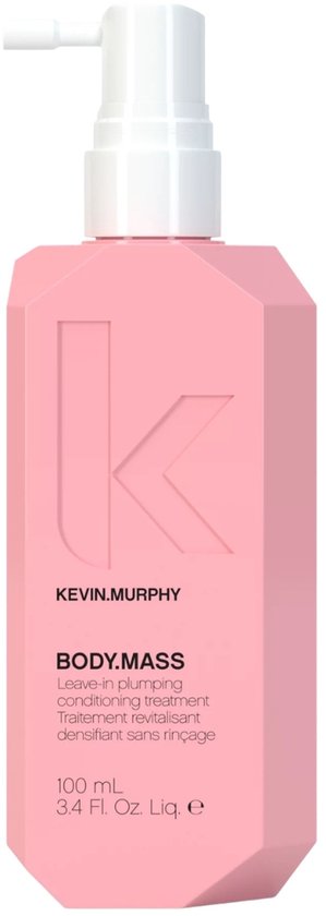 Roze hoekige fles KEVIN.MURPHY BODY.MASS leave-in conditioner met witte pomp, 100 ml.