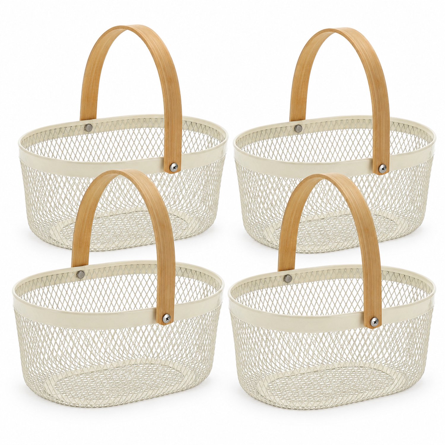 Opbergmand Set van 4 - 3L per Metalen Opbergmanden - Ovale Draadmanden met Bamboe Handvat - Fruitmand en Cadeaumand - Organizer voor Keuken en Badkamer - Crème